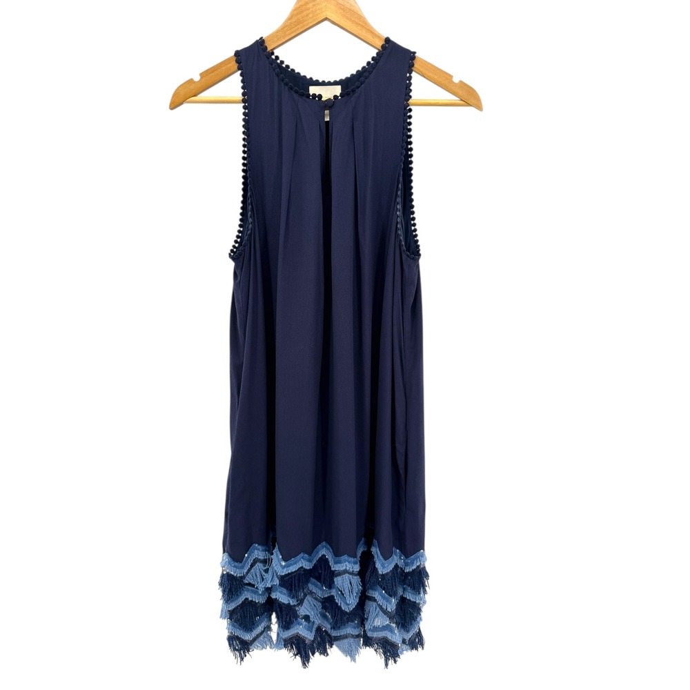 Maeve Anthropologie Navy Sleeveless Fringe Hem Shift Dress Blue Trim Size‎ 6